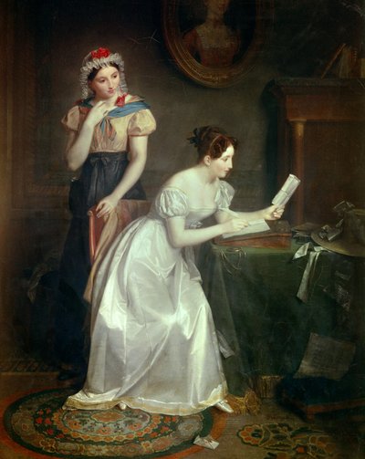 Odpowiedź na list Młoda kobieta spieszy, by odpowiedzieć na list swojego kochanka - Obraz Jean Augustin (Jean-Augustin) Franquelin (1798-1839) XIX w. Słońce 0,46x0,38 m autorstwa Jean Augustin Franquelin