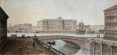 Widok Akademii Sztuk Pięknych od strony Newy w Sankt Petersburgu - Dzieło Jeana Balthazarda de la Traverse (druga połowa XVIII w.), akwarela i gwasz na papierze, koniec 1790 r., autorstwa Jean Balthazard de la Traverse