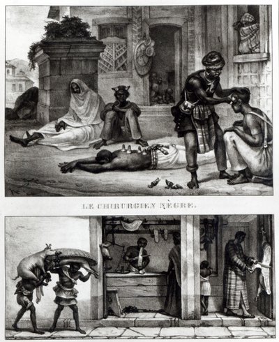 Czarny chirurg; Sklep sprzedawcy wieprzowiny (lito) (zdjęcie czarno-białe) autorstwa Jean Baptiste (after) Debret
