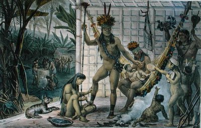Rodzina wodza Indian Camacan przygotowujących się do festiwalu, ilustracja z „Voyage Pittoresque et Historique au Bresil”, Jean-Baptise Debret (1768-1848), wydanej w Paryżu autorstwa Jean Baptiste (after) Debret
