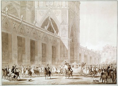 Przybycie powozem cesarza Napoleona I (1769-1821) i Impress Josephine de Beauharnais (1763-1814) do katedry Notre Dame de Paris w dniu Świętej Druki według „Księgi Najświętszego” Jeana Baptiste Isabeya ( 1767-1855) XIX wiek autorstwa Jean Baptiste (after) Isabey
