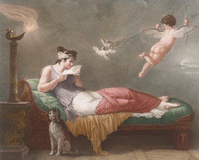 Kupidyn dostarcza list miłosny. XIX wiek (druk) autorstwa Jean Baptiste (after) Mallet