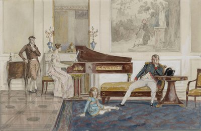 Prawykonanie „Wyjazd do Syrii” przed Napoleonem, jego synem i hrabią de Laborde (grafit, akwarela i kolor nadwozia podkreślone bielą na papierze) autorstwa Jean Baptiste (attr. to) Isabey
