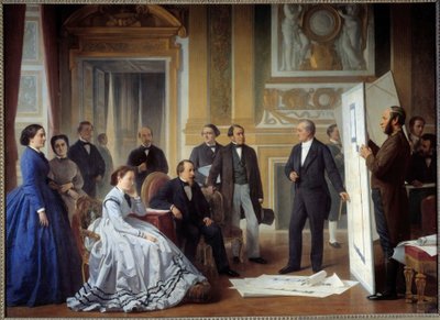 Architekt Louis Visconti (1791-1853) przedstawia Napoleonowi III plan nowego Luwru Obraz Ange Tissier (1814-1876) 1865, olej na płótnie autorstwa Jean Baptiste Ange Tissier