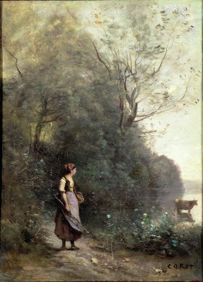 Chłopka pasąca krowę na skraju lasu, ok. 1865-70 autorstwa Jean Baptiste Camille Corot