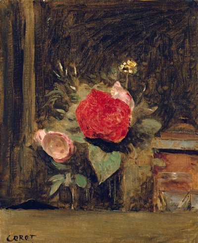 Bukiet kwiatów w szklance obok garnka na tytoń, ok. 1873-74 autorstwa Jean Baptiste Camille Corot
