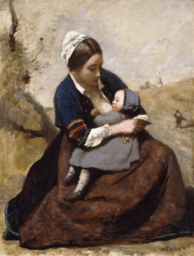 Breton karmiący swoje dziecko piersią; Breton karmiący piersią swoje dziecko, 1855-1860 autorstwa Jean Baptiste Camille Corot
