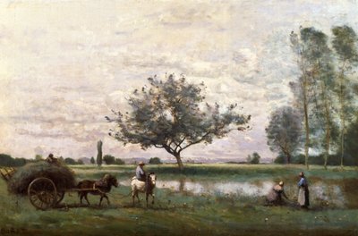 Wóz z sianem nad rzeką autorstwa Jean Baptiste Camille Corot