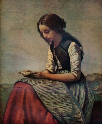 La petite Liseuse lub Młoda pasterka siedząca i czytająca, ok. 1855 r. autorstwa Jean Baptiste Camille Corot