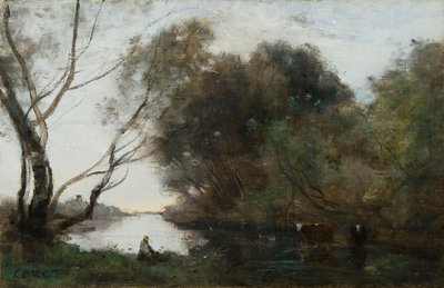 Jezioro: zachodzące słońce, ok. 1820-1860. autorstwa Jean Baptiste Camille Corot