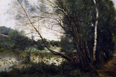 Jezioro z pochylonym pniem drzewa autorstwa Jean-Baptiste-Camille Corot