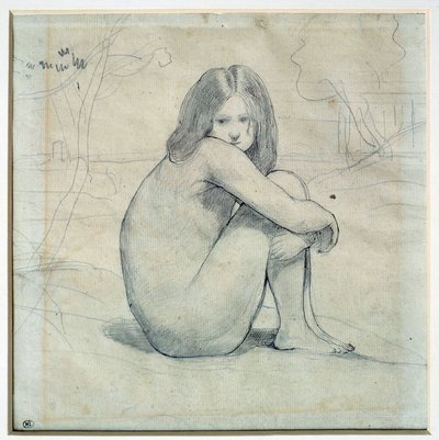Mała dziewczynka siedząca w krajobrazie Rysunek ołówkiem i czarnym tuszem autorstwa Camille Corot (1796-1875) XIX-wieczne słońce. 0,22x0,26 m Paryż, Musee du Louvre autorstwa Jean Baptiste Camille Corot