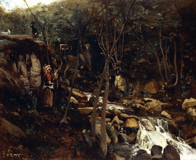 Lormes - Potok ze stojącym chłopem, przędza wełna, 1842 autorstwa Jean Baptiste Camille Corot