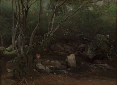 Lormes: Koza-dziewczyna siedząca nad strumieniem w lesie autorstwa Jean Baptiste Camille Corot