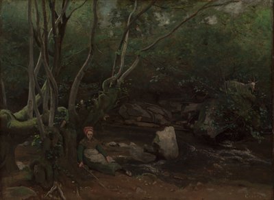 Lormes: Koza-dziewczynka siedząca obok strumienia w lesie autorstwa Jean Baptiste Camille Corot