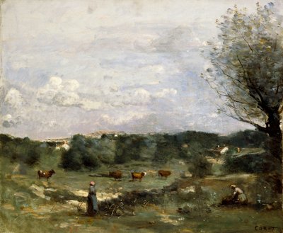 Łąka z Krowami, po prawej Wierzba i Odległa Wioska, autorstwa Jean Baptiste Camille Corot