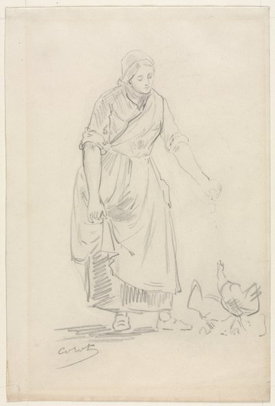 Wieśniaczka karmiąca kurczaki autorstwa Jean Baptiste Camille Corot