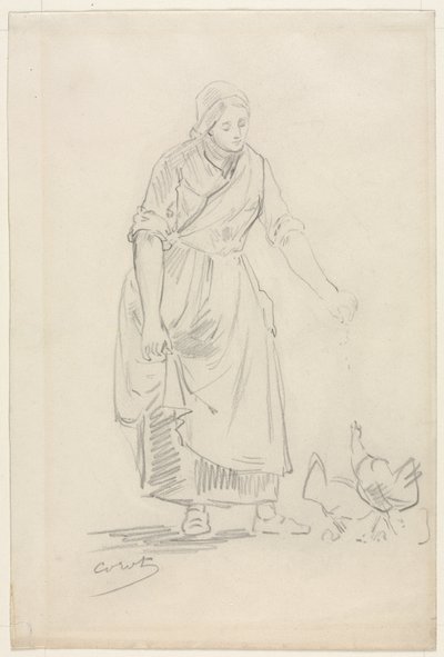Wieśniaczka karmiąca kurczaki, XIX wiek. autorstwa Jean Baptiste Camille Corot