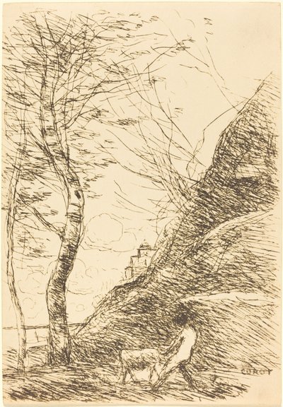 Pasterz zmagający się z kozim bergerem z chevre, 1874. autorstwa Jean Baptiste Camille Corot