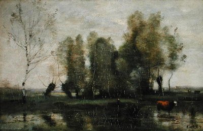 Drzewa w bagnistym pejzażu, ok. 1855-60 (olej na płótnie) autorstwa Jean Baptiste Camille Corot