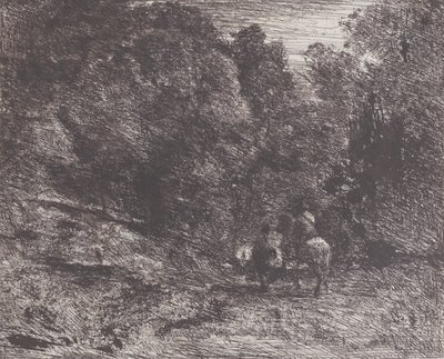 Dwóch podróżników w lesie Jeździec w lesie i pieszy, 1854. autorstwa Jean Baptiste Camille Corot