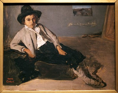 Młody włoski siedzący. Obraz Jean Baptiste Camille Corot (1796-1875), olej na papierze maroufle na płótnie, ok. 1825-1827. Musee des Beaux Arts de Reims. autorstwa Jean Baptiste Camille Corot