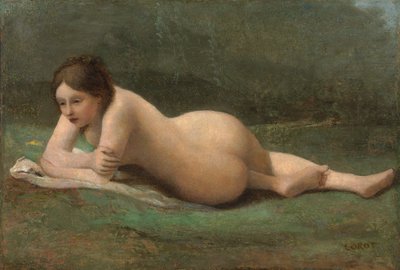 Młoda kobieta leżąca na trawie, ok. 1850-60 autorstwa Jean Baptiste Camille Corot