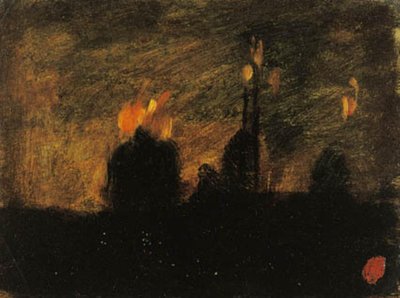 Nocna atmosfera z pożarami w St-Vast-là-haut w pobliżu Valenciennes autorstwa Jean Baptiste Carpeaux