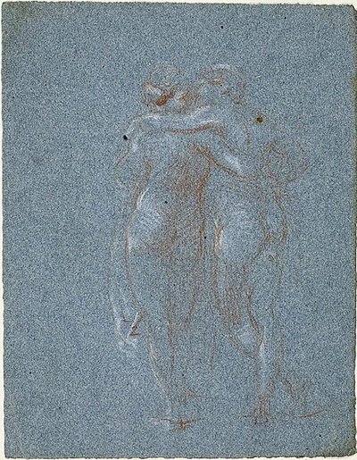 Dwie stojące postacie, obejmujące (rekto); Człowiek z kosą i szkice budynków (verso) autorstwa Jean Baptiste Carpeaux