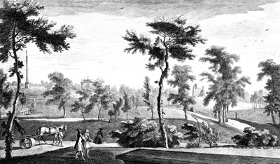 Widok z greckiej świątyni na filar Lorda Cobhama, Stowe House Gardens, grawerowany przez George