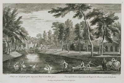 Widok na grotę rzeki Serpentine w olchowym gaju w Stowe, 1753, grawerowany przez George