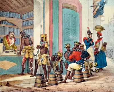 Zakuci w kajdany niewolnicy kupujący tytoń w sklepie tytoniowym w Rio de Janeiro autorstwa Jean Baptiste Debret