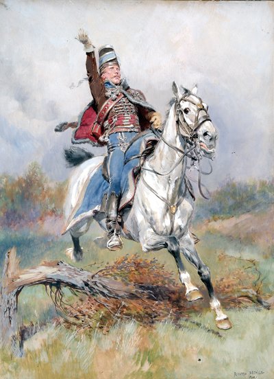 Francuski kawalerzysta na koniu, 1900 (toaleta i gwasz na papierze) autorstwa Jean-Baptiste Edouard Detaille