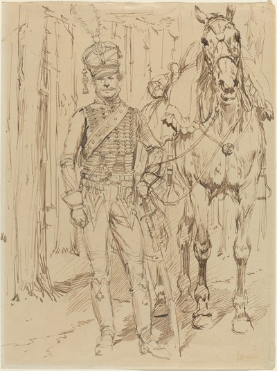 Francuski huzar prowadzący konia autorstwa Jean Baptiste Edouard Detaille