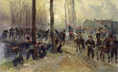 Zasadzka w pobliżu mostu bronionego przez wojska, wczesny poranek, 1870 autorstwa Jean-Baptiste Edouard Detaille
