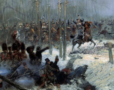 Kampania rosyjska w 1812 r.: „”Szarża 7. pancernika pułkownika Dubois w la Berezina (Beresina) w dniu 28.11.1812 w Rosji”” Szczegół. Obraz Jean-Baptiste-Edouarda (Jean Baptiste Edouard) Detaille (1848-1912) XIX wiek. Paryż, Musée de l