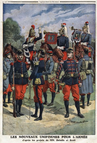 Nowe mundury dla armii francuskiej według projektów malarzy Edouarda Detaille (1848-1912) i Georgesa Bertina Scotta (1873-1942) o nazwie Scott de Plagnolles. Grawerowanie w „Le Petité Journal””, 10.03.1912. Prywatna kolekcja. autorstwa Jean-Baptiste Edouard Detaille