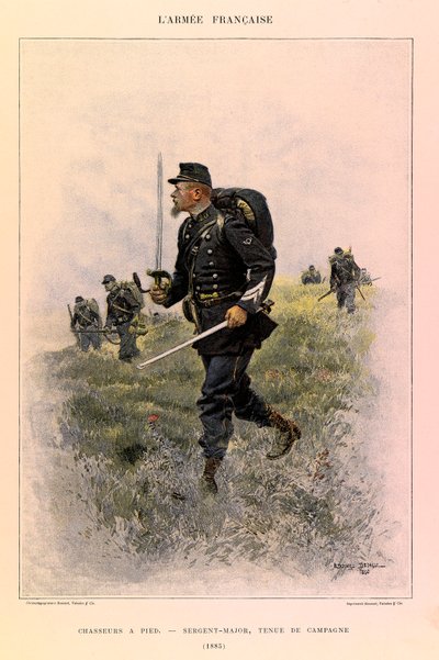 Typy i mundury francuskiej armii kapitana Julesa Richarda, zilustrowane przez Edouarda Detaille (1848-1912): Łowcy stóp: sierżant major w stroju polowym w 1885 r., kolekcja prywatna autorstwa Jean Baptiste Edouard Detaille