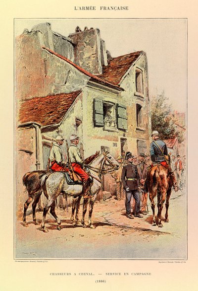 Typy i mundury francuskiego Armee kapitana Julesa Richarda, zilustrowane przez Edouarda Detaille (1848-1912): Hunters a Horseback; Służba polowa w 1886 r., kolekcja prywatna autorstwa Jean Baptiste Edouard Detaille