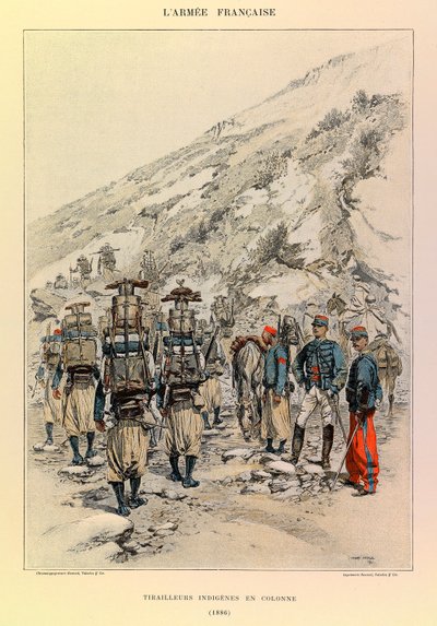 Typy i mundury francuskiego Armee kapitana Julesa Richarda, zilustrowane przez Edouarda Detaille (1848-1912): Indigenes Tirailleurs in Column w 1886, kolekcja prywatna autorstwa Jean Baptiste Edouard Detaille