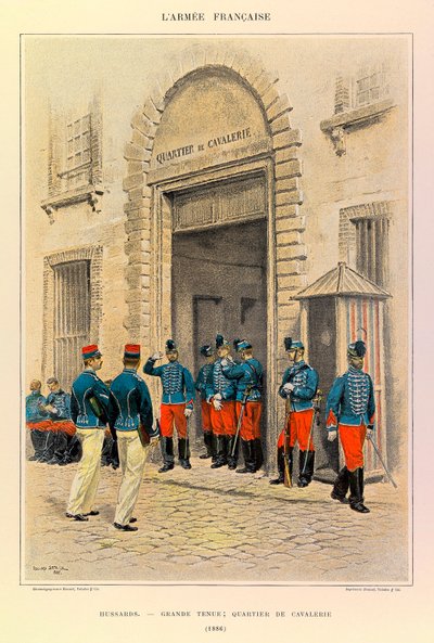 Typy i mundury francuskiej armii kapitana Julesa Richarda, zilustrowane przez Edouarda Detaille (1848-1912): Hussards in Great Dress; Okręg kawalerii w 1886 r., kolekcja prywatna autorstwa Jean Baptiste Edouard Detaille