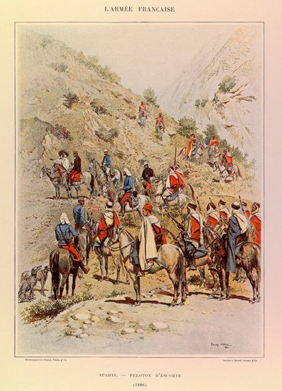 Typy i mundury francuskiego Armee kapitana Julesa Richarda, zilustrowane przez Edouarda Detaille (1848-1912): Spahis; Pluton eskortowy w 1886 r., kolekcja prywatna autorstwa Jean Baptiste Edouard Detaille