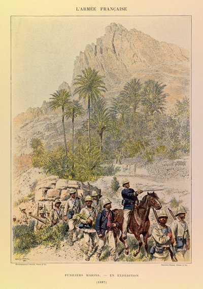 Typy i mundury francuskiego Armee kapitana Julesa Richarda, zilustrowane przez Edouarda Detaille (1848-1912): Fusiliers Marins on Expedition w 1887, kolekcja prywatna autorstwa Jean Baptiste Edouard Detaille