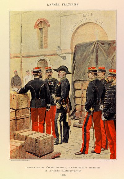 Typy i umundurowanie francuskiego Armee kapitana Julesa Richarda, zilustrowane przez Edouarda Detaille (1848-1912): kontroler administracji, zastępca intendenta wojskowego i oficerów administracyjnych w 1887 r., zbiory prywatne autorstwa Jean Baptiste Edouard Detaille