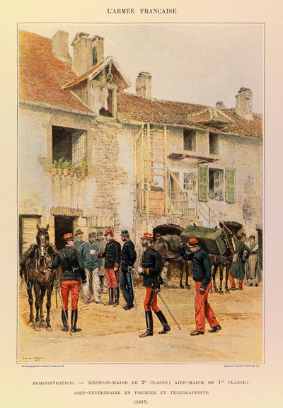 Typy i umundurowanie francuskiego Armee kapitana Julesa Richarda, zilustrowane przez Edouarda Detaille (1848-1912): Administracja: major medyk 2 klasy; Starszy adiutant pierwszej klasy; Lekarz Weterynarii Pierwszy i Telegraf w 1887 r., kolekcja prywatna autorstwa Jean Baptiste Edouard Detaille