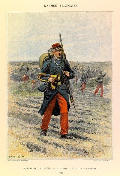 Typy i umundurowanie francuskiego Armee kapitana Julesa Richarda, zilustrowane przez Edouarda Detaille (1848-1912): Piechota liniowa; Clairon w stroju polowym w 1885 r., kolekcja prywatna autorstwa Jean Baptiste Edouard Detaille