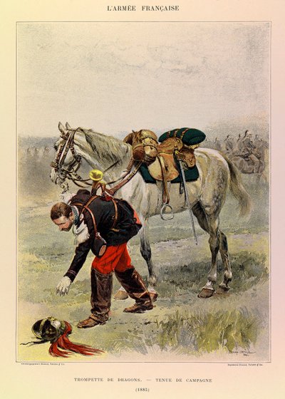 Typy i mundury francuskiej armii kapitana Julesa Richarda, zilustrowane przez Edouarda Detaille (1848-1912): Trąbka smoków w stroju wiejskim z 1885 r., kolekcja prywatna autorstwa Jean-Baptiste Edouard Detaille