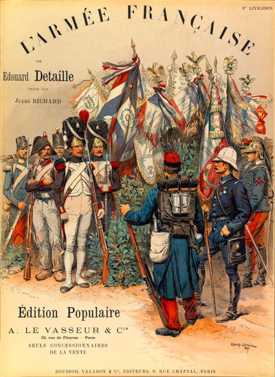 Rodzaje i mundury francuskiej Armee autorstwa kapitana Julesa Richarda, zilustrowane przez Edouarda Detaille (1848-1912): Pierwsza okładka książki „” L