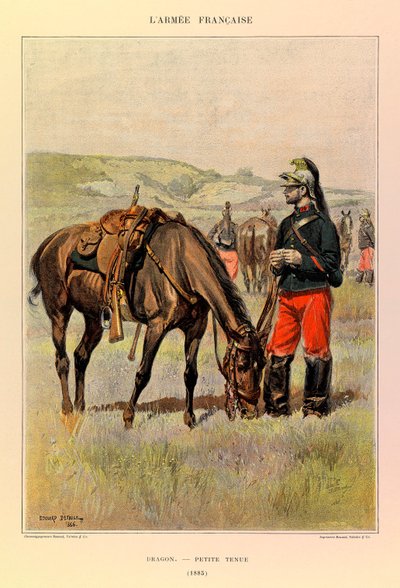Typy i mundury francuskiej Armee Kapitana Julesa Richarda, zilustrowane przez Edouarda Detaille (1848-1912): Smok w małym stroju w 1885, kolekcja prywatna autorstwa Jean-Baptiste Edouard Detaille