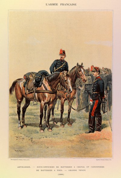 Typy i mundury francuskiego Armee kapitana Julesa Richarda, zilustrowane przez Edouarda Detaille (1848-1912): Artyleria: podoficer baterii na koniach i artylerzyści baterii pieszo w dużym stroju w 1886 r., zbiory prywatne autorstwa Jean Baptiste Edouard Detaille